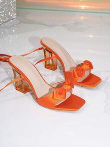Women's Square Toe Open Toe High Heel Sandals, Bowknot Strappy Leg Wrap Design, Transparent Crystal Chunky Heel, Elegant Party Evening High Heels - Orange - View 3