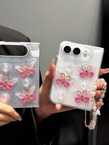 3D Drip Glue Silver Foil Rhinestone Pink Butterfly Flip Cover Phone Case Compatible With Apple 18 Duo, Women's New Foldable Shockproof Protective Shell, Niche Transparent 2026 New Model - Pink - View 8