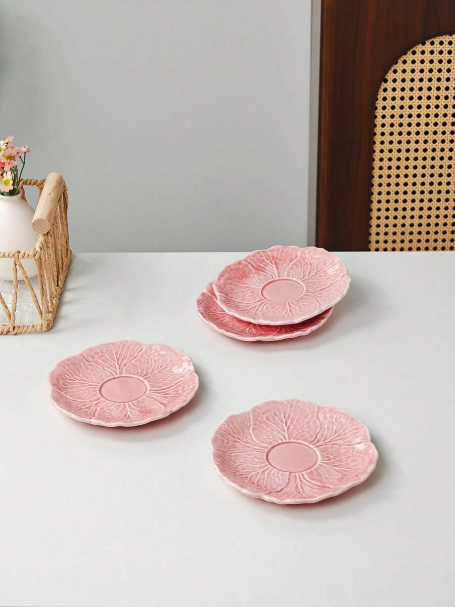 1pc/2pcs/4pcs Pink Flower Embossed Ceramic Jewelry Tray, Petal Shape Decorative Dish For Rings Earrings Storage, Tabletop Decor - Multicolor - View 1