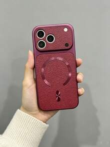Premium Litchi Texture CD Pattern Magnetic Wireless Charging Phone Case, Compatible With IPhone 17 Pro Max 17 Pro 16 Pro Max 15 Pro Max 14 Pro 13 12, Luxury Matte Lens Protection Shockproof Cushion Back Cover - Burgundy - View 1