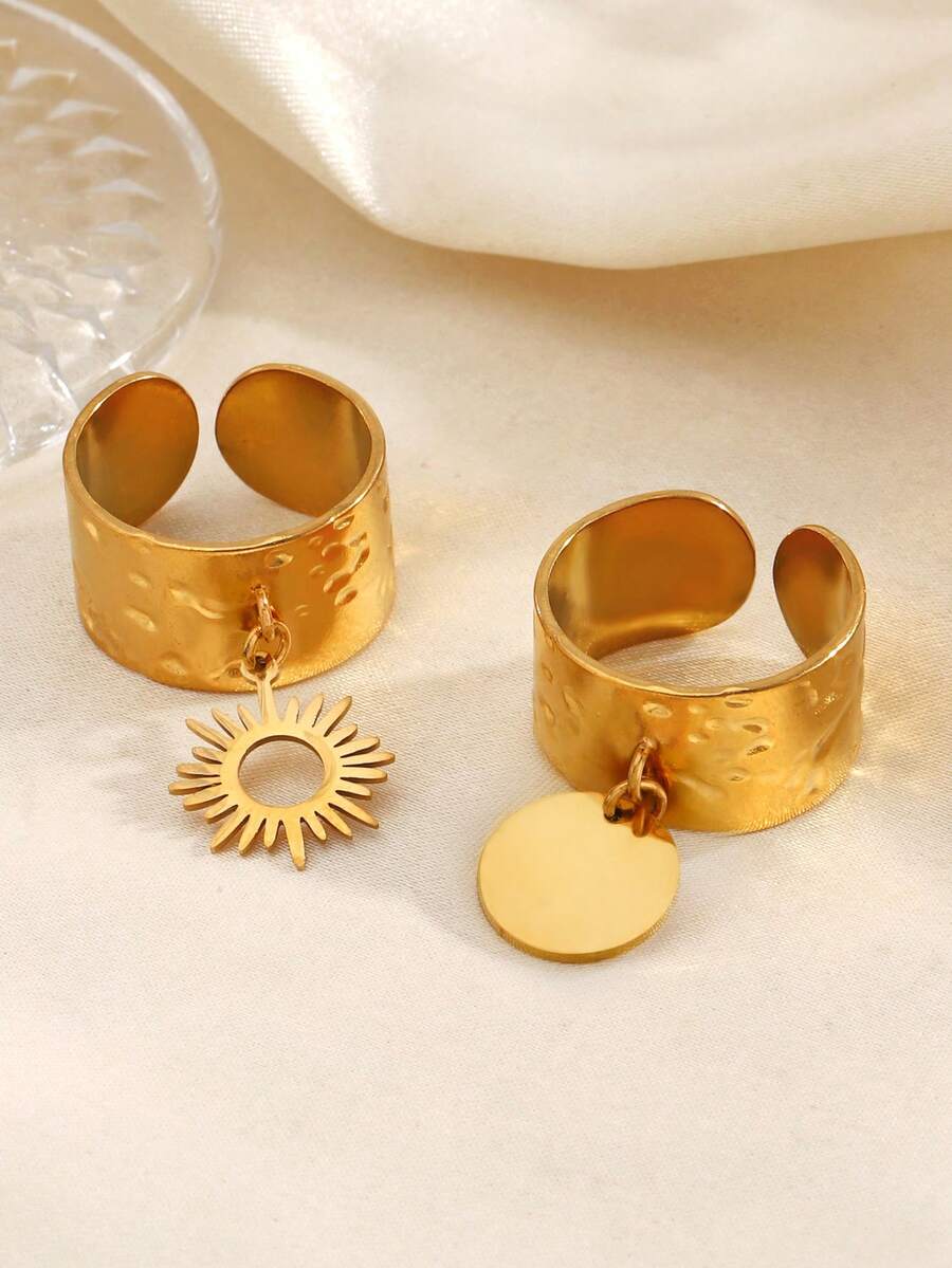2pcs/Set Stainless Steel 18K Gold Plated Geometric Circle Rings Set, Suitable For Women's Daily Wear - Multicolor - View 1