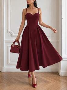 Elegant Women's Burgundy Spaghetti Strap Maxi Dress, Suitable For Holiday Parties, Birthday Parties, Slimming Waist-Cinching Design - Burgundy - View 4