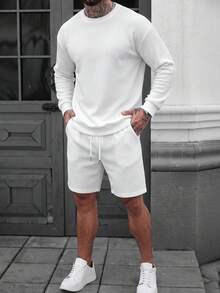 Men's Waffle Knit Long Sleeve Crew Neck Sweatshirt And Casual Shorts 2 Pieces Set, Spring/Autumn - White - View 3