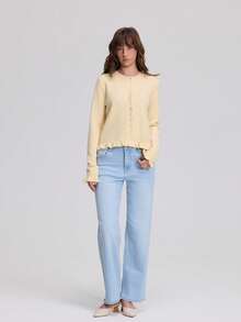 Women's Casual Layered Crew Neck Long Sleeve Knit Cardigan - Yellow - View 2