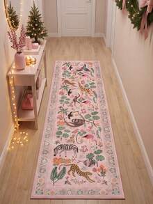 1pc Washable Non-Slip Pink Tropical Rainforest Velvet Runner Rug, Soft Anti-Slip Mat, Machine Washable, Pink Floral & Animal Elements Cozy Design, Creating A Harmonious Natural Scene, Suitable For Living Room, Bedroom, Bedside, Hallway, Dining Room And Other Living Spaces, Perfect Match For Christmas Home Decor, Great Christmas Gift, Rugs, Carpet, Christmas Rug, Christmas Gift/Decor, Rugs Living Room, Rugs For Bedroom, Carpet Living Room, Kitchen Mat, Hallway Runner, Washable Rug, - Multicolor - View 4