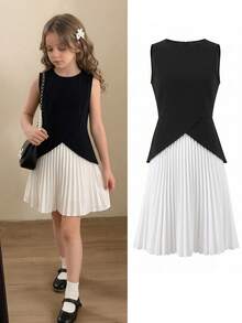 Girls' All-Season Elastic Knit Patchwork 2 In 1 Colorblock Pleated Dress, Elegant Dress For Back To School And Casual Wear - Black and White - View 1