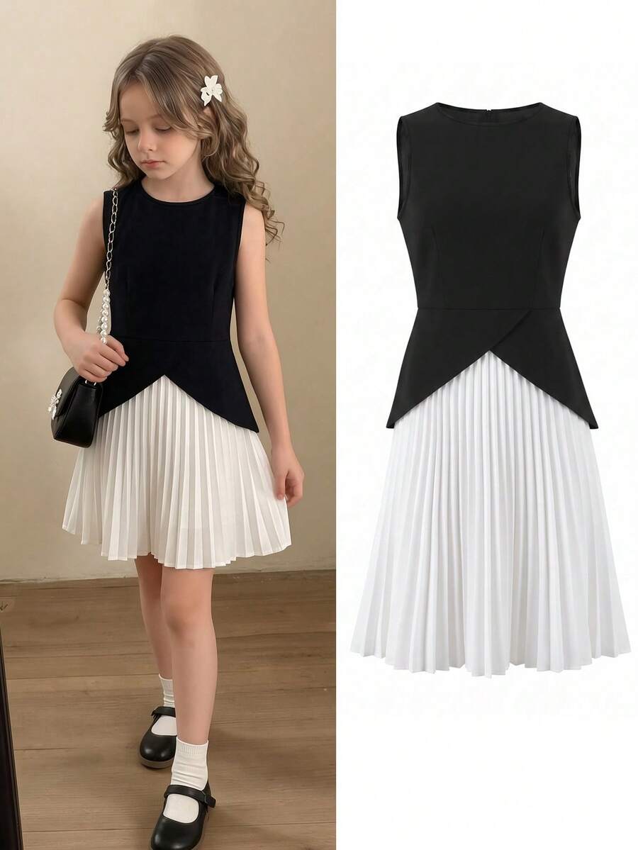 Girls' All-Season Elastic Knit Patchwork 2 In 1 Colorblock Pleated Dress, Elegant Dress For Back To School And Casual Wear - Black and White - View 1