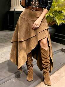 High Waist New Vintage Suede Skirt, Elastic Waist Asymmetrical Hem A-Line Skirt, Autumn - Brown - View 6