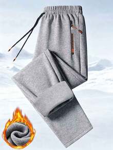 Men's Velvet Lined Running Pants, Elastic Drawstring Waist, Side Zipper Pockets, Straight Leg, Suitable For Winter Daily Wear - Light Grey - View 1