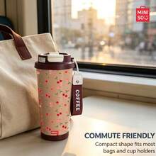 MINISO Water Cup, Coffee Cup, Simple And Elegant, 530ML Cute Cherry Pattern Coffee Cup With Straw, New Autumn/Winter Model; Valentine's Day Gift. - Coffee Brown - View 5