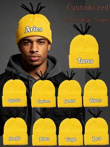 1Pc 12 Constellation Custom Knit Beanie, Unique Tentacle Design Cuffed Winter Hat, Fashion Hip‑Hop Warm Acrylic Cap For Men Gift - Yellow - View 1