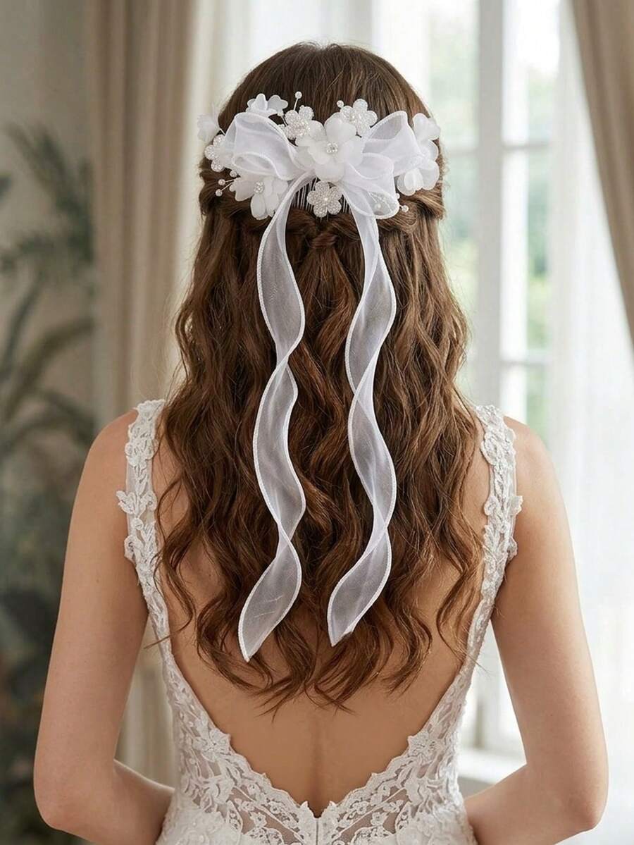 1pc Lace Embroidered Flower Bow Decor Sweet Tassel Hair Comb, Suitable For Bridal Wedding, Daily Wear, Party And Festival Women's Hair Accessory - White - View 1