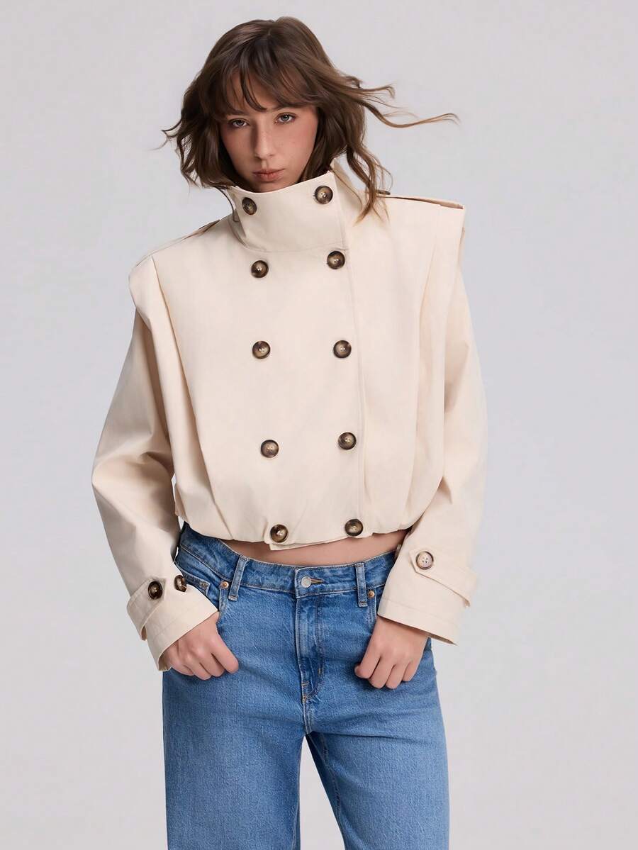 Women's Old Money Style Short Jacket, Long Sleeve Stand Collar Pleated Casual Trench Coat - Light Khaki - View 1
