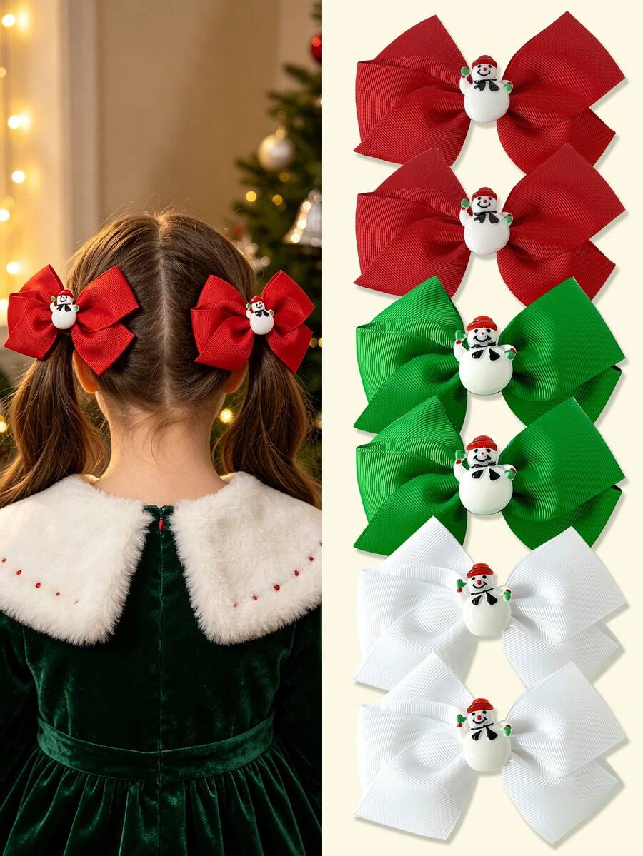 2Pcs Christmas Solid Color Grosgrain Ribbon Bow Hair Barrettes, Cute 3D Snowman Patch Big Bow Hair Clips, Festive Holiday Hair Accessories For Girls