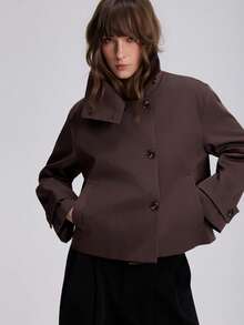Old Money Style Vintage Minimalist Stand Collar Trench Coat Jacket Suitable For Autumn/Winter - Brown - View 3