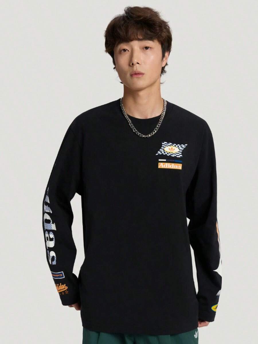Adidas Originals RAC Men's Long Sleeve T-Shirt Fashionable Versatile Racing Style Comfortable Loose Knit Sports Pullover - Black - View 1