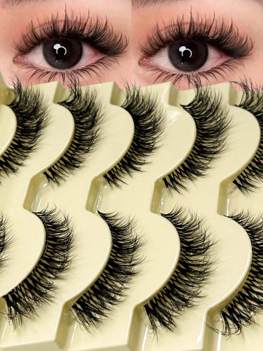 5 Pairs Cross Cirss Natural Look False Eyelashes Transparent Stem Catoon Lashes Fairy Style Design Perfect For Cosplay