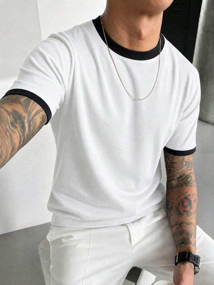 Men's Summer Versatile Contrast Color Fashion Minimalist Pony Print Short Sleeve T-Shirt - White - View 1