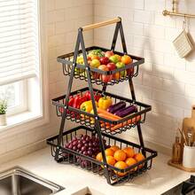 1pc Countertop Fruit And Vegetable Basket, Detachable Bowl-Shaped Storage Rack With Wooden Handle, Kitchen Storage And Fresh-Keeping Organizer, Kitchen Accessory - Black - View 8