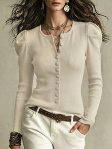 Cardigan Rajut Bergaris Musim Gugur/Dingin Wanita, Lengan Panjang Mengembang, Kerah Bulat dengan Kancing Depan, Gaya Elegan - Aprikot - View 3