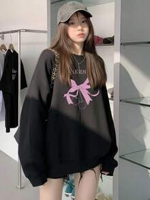 Niche Sweet Style Bow & Cherry Print Round Neck Sweatshirt For Women Black Oversized Soft Atmosphere Autumn Pullover - Black - View 7