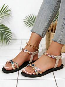 Beige Floral Woven Elastic Ankle Strap Sandals, Sapphire Rhinestone Flat Roman Sandals, Women's Summer Vacation Beach Sandals - Beige - View 2