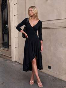Women V Neck Solid Casual Fall Winter Daily Street Party Vacation Dress - Black - View 4