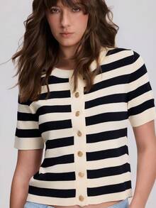 Round Neck Striped Short Sleeve Knit Cardigan Sweater Jacket - Multicolor - View 5