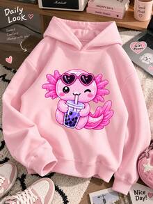1pc Big Girls' Warm Thick Thermal Lined Hooded Sweatshirt, Student Children Autumn/Winter Long Sleeve Top - Pink - View 2