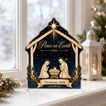 1pc House Shaped Acrylic Desktop Decor Sign, Christmas 2026 Peace On Earth Nativity Scene Patten Tabletop Ornament, Christmas Home Desktop Decoration Gift - Acrylic Ornaments - View 5