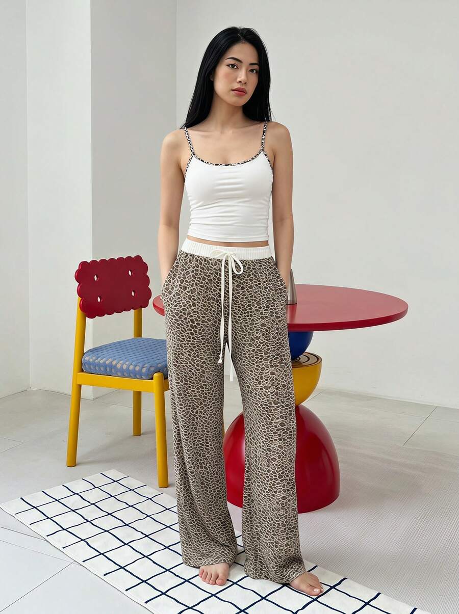 Joivida 2pcs Sexy Camisole Top + Leopard Print Pants Pajama Set