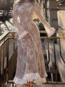 Women's Vintage French White Sheer Lace Maxi Dress Ruffle Hem Long Sleeve Elegant Formal Long Dress - Apricot - View 1
