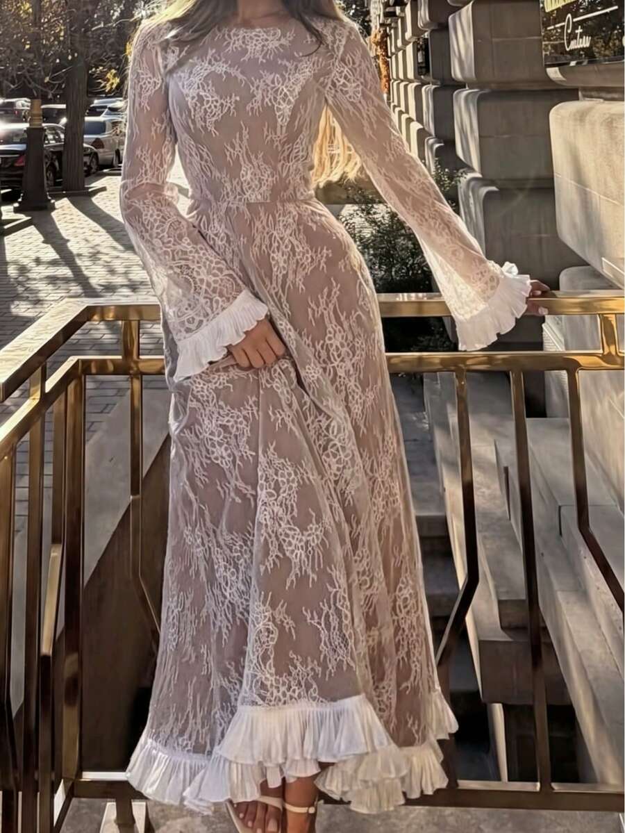 Women's Vintage French White Sheer Lace Maxi Dress Ruffle Hem Long Sleeve Elegant Formal Long Dress - Apricot - View 1