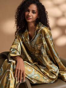2pcs Women's Lapel Long Sleeve Top And Pants Pajama Set, Cashew Flower Print - Olive Green - View 4