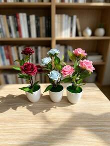 1 件/1 套逼真露珠玫瑰人造丝花 3 头玫瑰迷你盆栽假花家居装饰仿绿植 - 彩色 - 查看 11