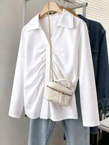 Tween Girls' White Long Sleeve Shirt, Turn-Down Collar Button Up Blouse, Student Performance Wear, School Uniform, Suitable For Vacation, Learning, Performance - White - View 3
