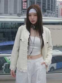 Áo cardigan len móc viền ren cài nút phía trước, tay dài cổ chữ V màu trắng, áo dệt kim thanh lịch cho mùa thu, dáng vừa vặn, chất liệu mềm mại - trắng - Xem 2