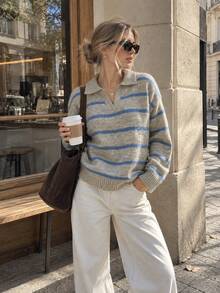 Women's Striped Knitted Polo Sweater With Long Drop Shoulder Sleeves, Ideal For Fall Daily Wear - Khaki - View 4