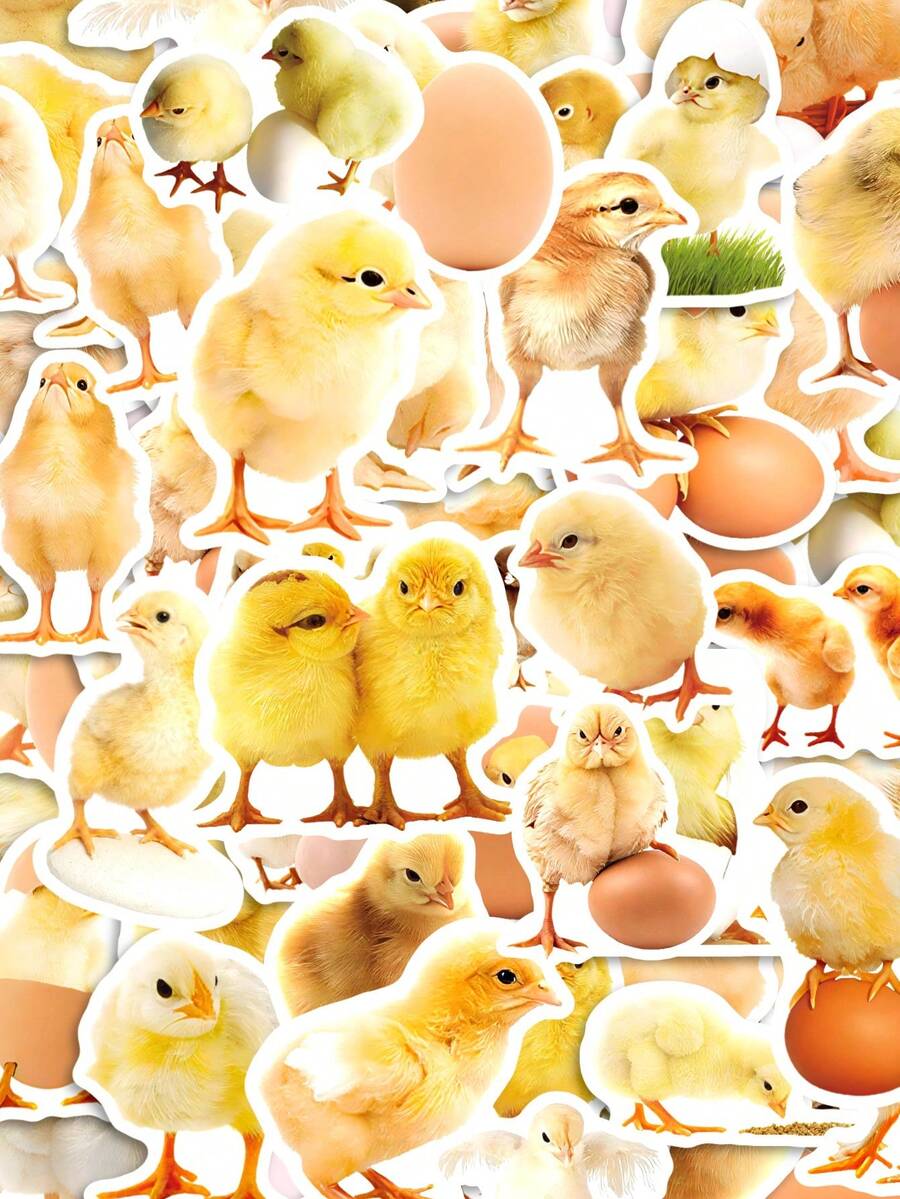 50Pcs Little Yellow Chick Stickers, Cute Photo Cartoon Style, Including Cute Little Yellow Chicks, Hatching Chicks, Eggs, Nests, Feathers, Grass, Flowers, Hearts, Stars, Bows Elements, For Journal Collage, Water Bottle, Luggage, Skateboard, Tablet, Notebook, Storage Box, DIY Craft Decor - Multicolor - View 1
