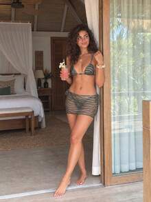 Green Zebra Print Triangle Bikini & Chiffon Skirt 3 Pieces Set, Elegant Swimwear Outfit, Suitable For Summer Beach Vacation Party - Multicolor - View 5
