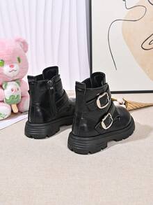 Kids Autumn/Winter Stylish Ankle Boots With Double-Row Button Decor, Thick Sole, Durable, Simple Retro High-Top Boots For Girls - Black - View 4