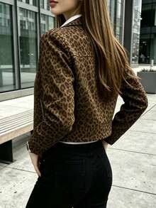 Plus Size Vintage Leopard Print Cropped Zip-Up Jacket For Women, Slim Fit, Flattering, American Hot Girl Style, Casual Daily Wear, Unique Design - Multicolor - View 3
