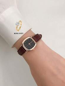 1 reloj de dama cuadrado clásico con puntero y movimiento de cuarzo - Marrón - Ver 5