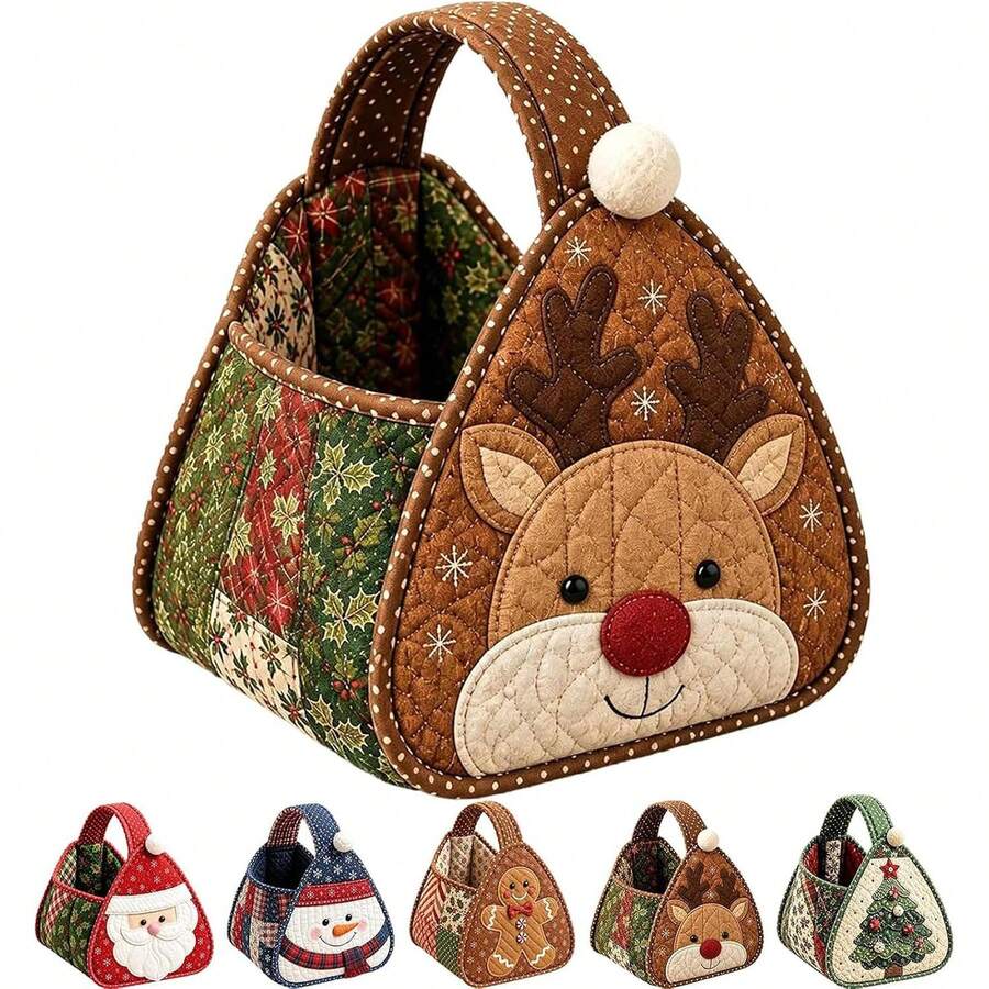 1 pieza Cesta Navideña de Tela Acolchada con Asa, Bolsa de Regalo y Almacenamiento con Aplique 3D, para Dulces, Regalos, Mesa, Hogar, Fiesta y Decoración de Navidad - Ciervo - Ver 1