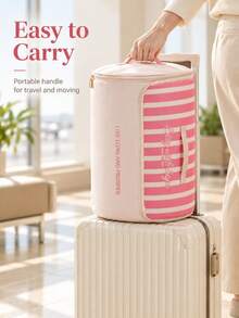 Minimalist, Cylindrical, Compressible Storage Bag Featuring A Striped Print, A Carrying Handle, And A Dual-Zipper Closure. Portable And Space-Saving, It Is Designed For Storing Bedding And Blankets-Perfect For Year-Round Home Use. - Multicolor - View 10