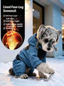 Fashionable Blue & Black Hooded Dog Snowsuit, Comfortable Lining One-Piece Outfit, Suitable For Small Dogs, With Leash Hole Design, Winter Walking & Outdoor Activity Pet Coat - Blue - View 5
