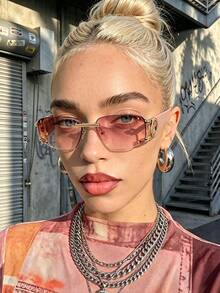 1PC Frameless Y2K Women's Fashion Glasses, Outdoor Vacation Beach Seaside Accessory, Futuristic Metal Tech Style - Pink - View 2