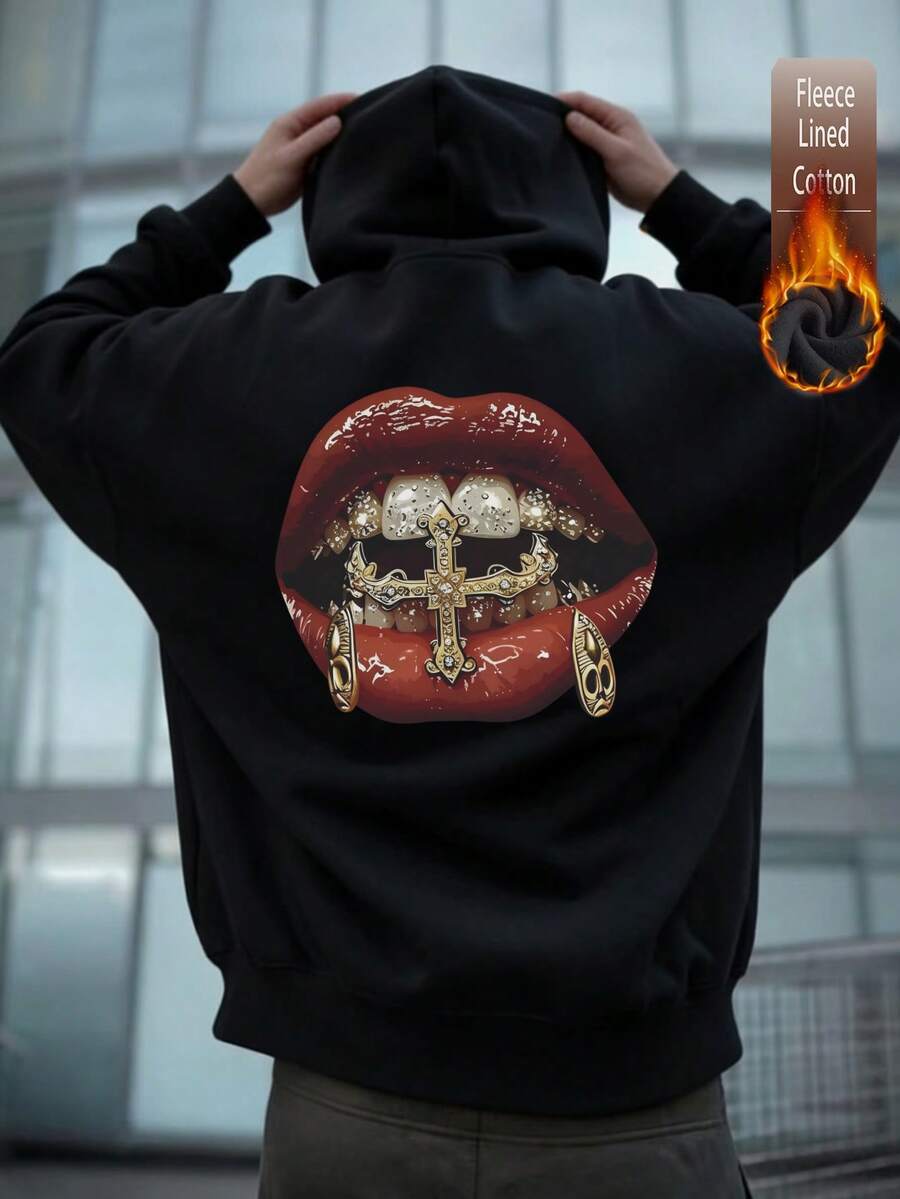 Men's Fleece Sweatshirt, Black Fabric, Printed With Red Lips, Gold Cross And Teeth Patterns, Y2K Style Back Print, Autumn/Winter - Black - View 1
