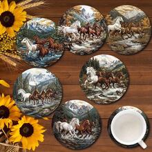 Galloping Horse Landscape Round Coaster Set, Vintage Oil Painting Style Heat-Resistant Coasters, Desktop Decor, Suitable For Home Kitchen Dining Table Party, Non-Slip Coasters Creative Gift, Desktop Artwork - PET Coaster LDX2858 - View 1
