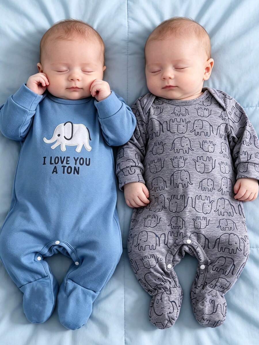 Autumn/Winter Cute Newborn Blue Elephant Print + Grey All-Over Elephant Print Romper 2-Piece Set, Soft Fabric, Suitable For Baby Boy Home Wear - Royal Blue - View 1